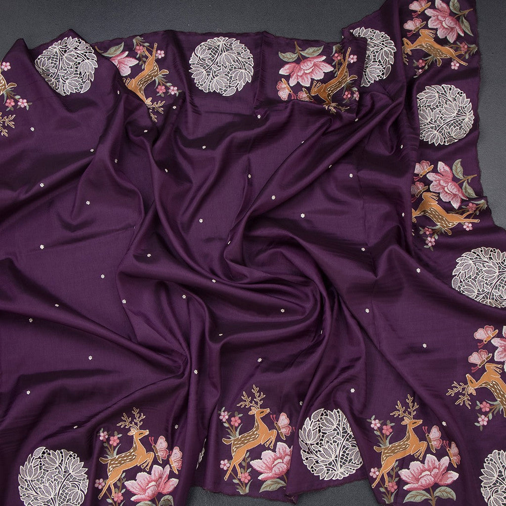 Raw Silk Dark Purple Saree With Thread Buttas And Cut Work Border