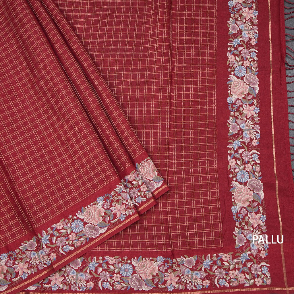 Raw Silk Maroon Zari Checked Saree And Thread Border