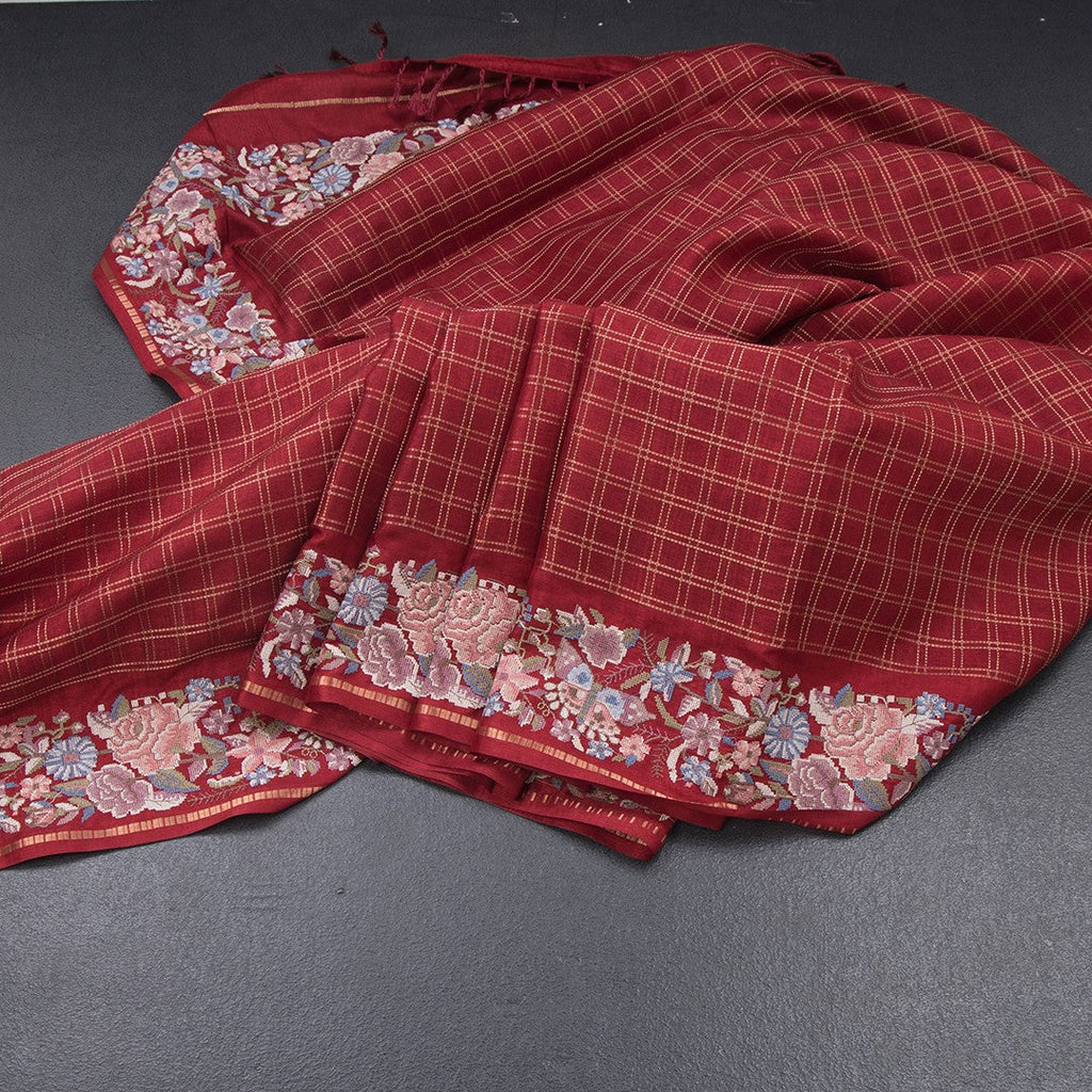Raw Silk Maroon Zari Checked Saree And Thread Border