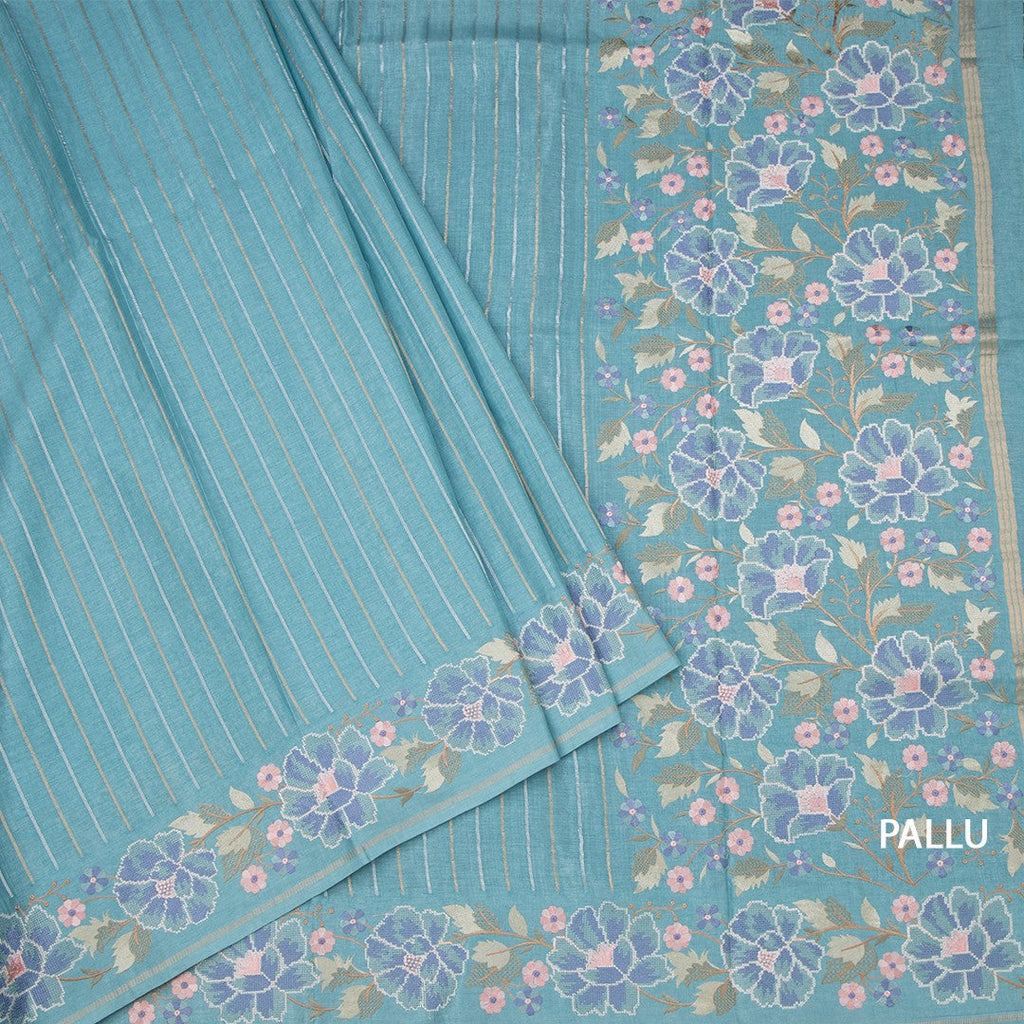 Raw Silk Sky Blue Zari Stripes Saree With Thread Border