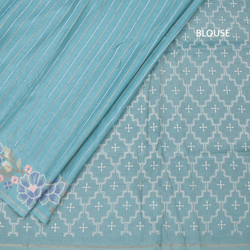 Raw Silk Sky Blue Zari Stripes Saree With Thread Border