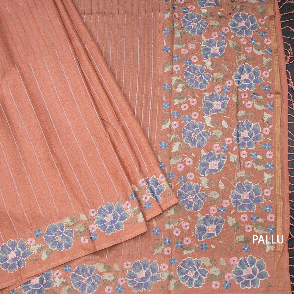 Raw Silk Peach Zari Stripes Saree With Thread Border