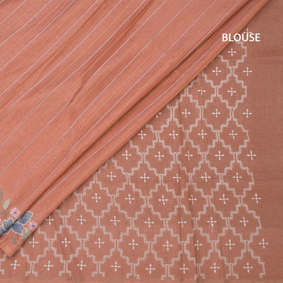 Raw Silk Peach Zari Stripes Saree With Thread Border