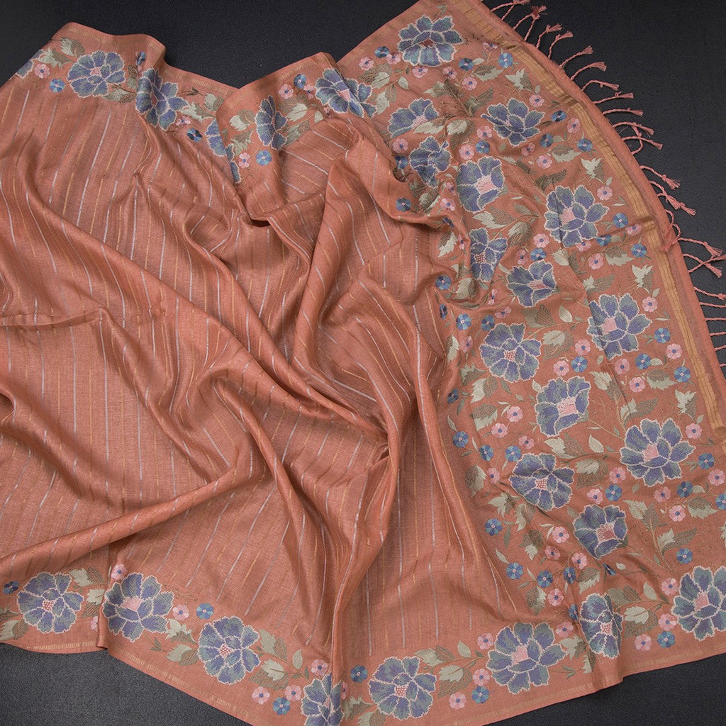 Raw Silk Peach Zari Stripes Saree With Thread Border
