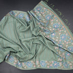 Raw Silk Sage Green Zari Stripes Saree With Thread Border