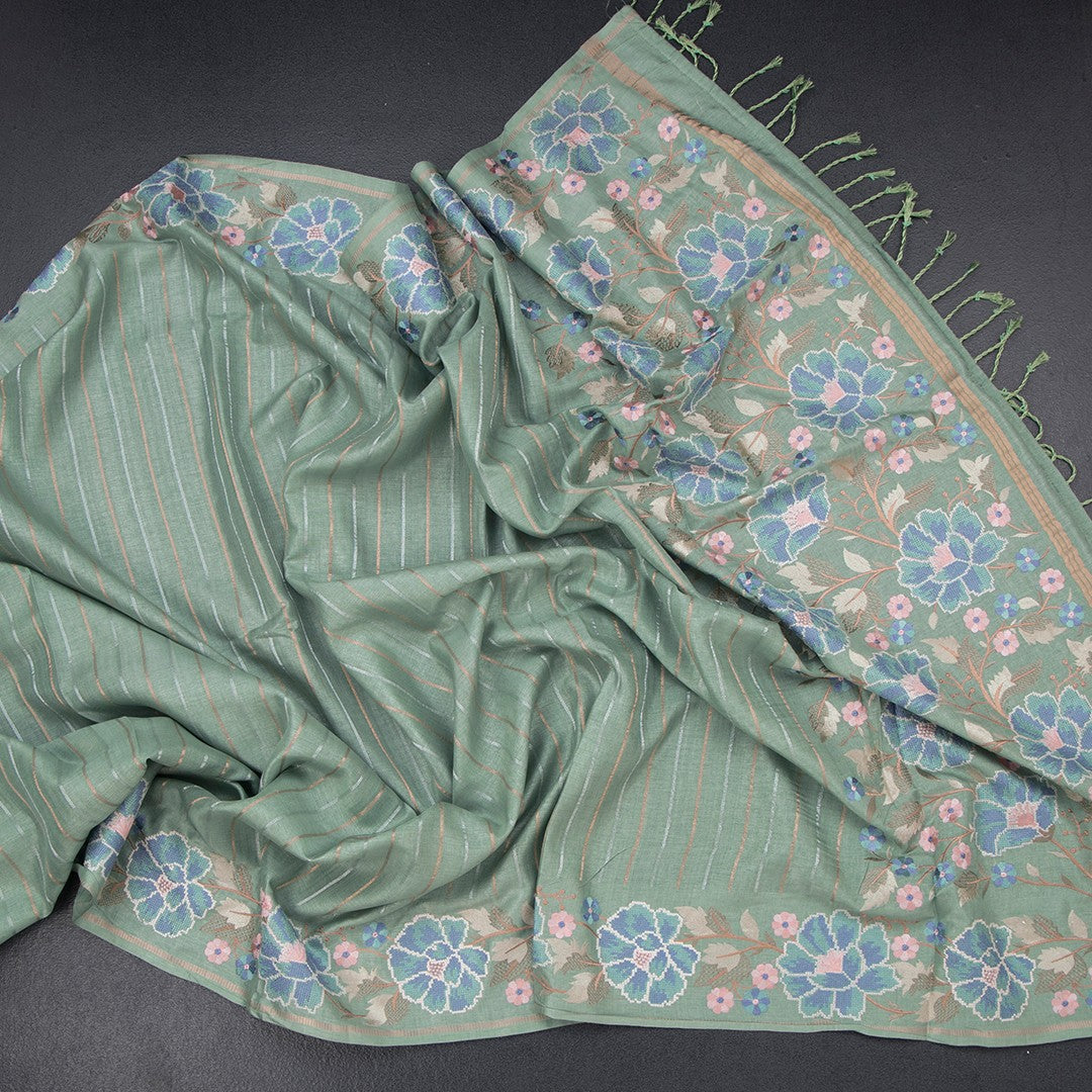 Raw Silk Sage Green Zari Stripes Saree With Thread Border