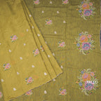 Linen Lemon Green Borderless Thread Work Saree