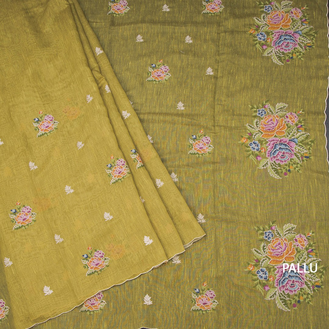 Linen Lemon Green Borderless Thread Work Saree