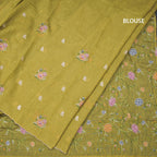 Linen Lemon Green Borderless Thread Work Saree