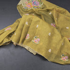 Linen Lemon Green Borderless Thread Work Saree