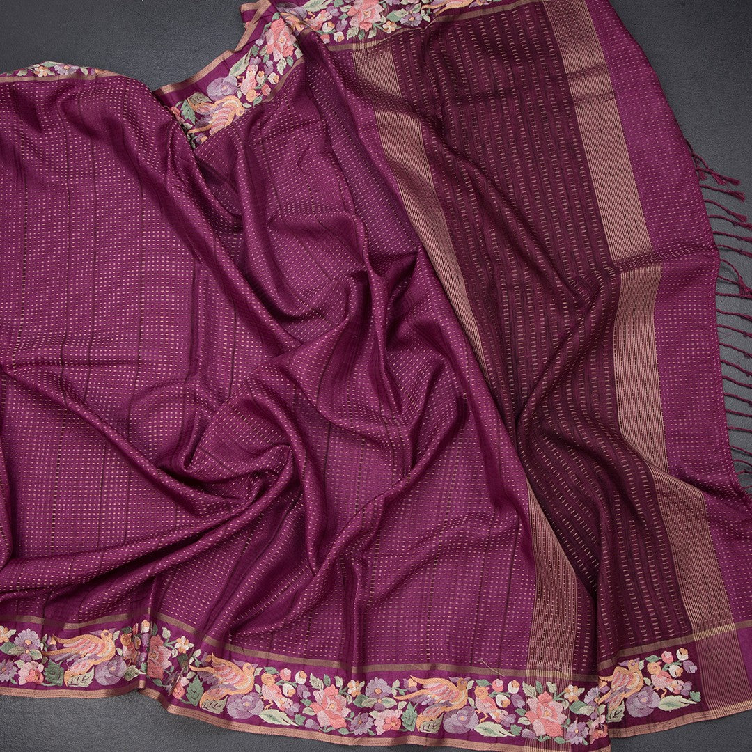 Raw Silk Magenta Purple Zari Stripes Saree And Thread Border