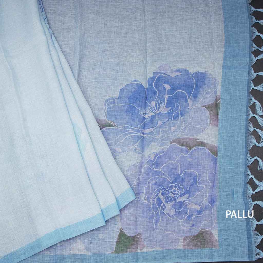 Semi Linen Pastel Blue Floral Printed Saree And Ribbon Border