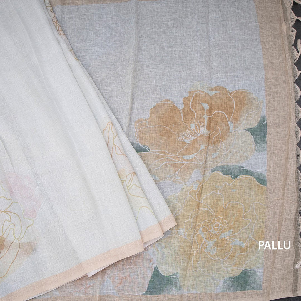 Semi Linen Light Pista Green Floral Printed Saree And Ribbon Border