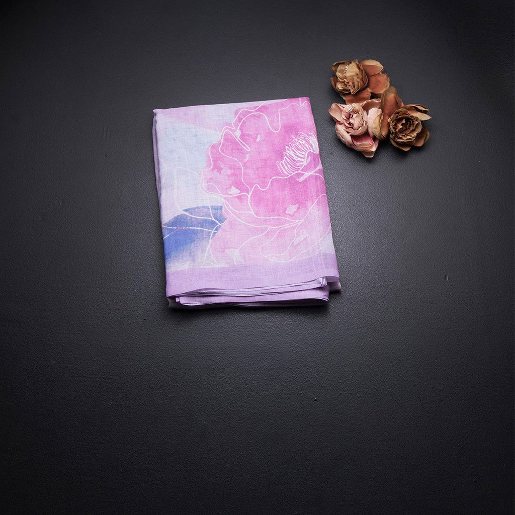 Semi Linen Lavender Floral Printed Saree And Ribbon Border