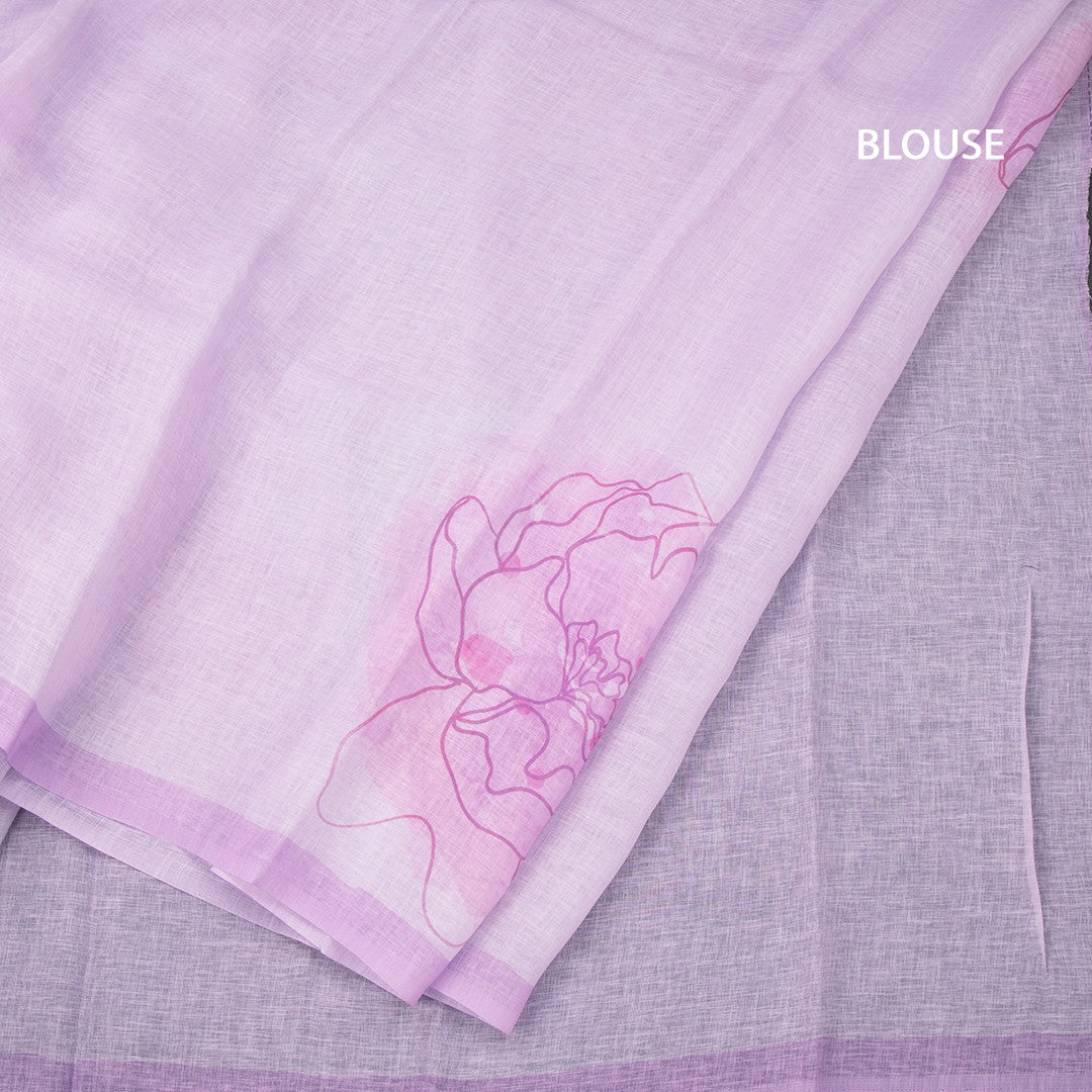 Semi Linen Lavender Floral Printed Saree And Ribbon Border