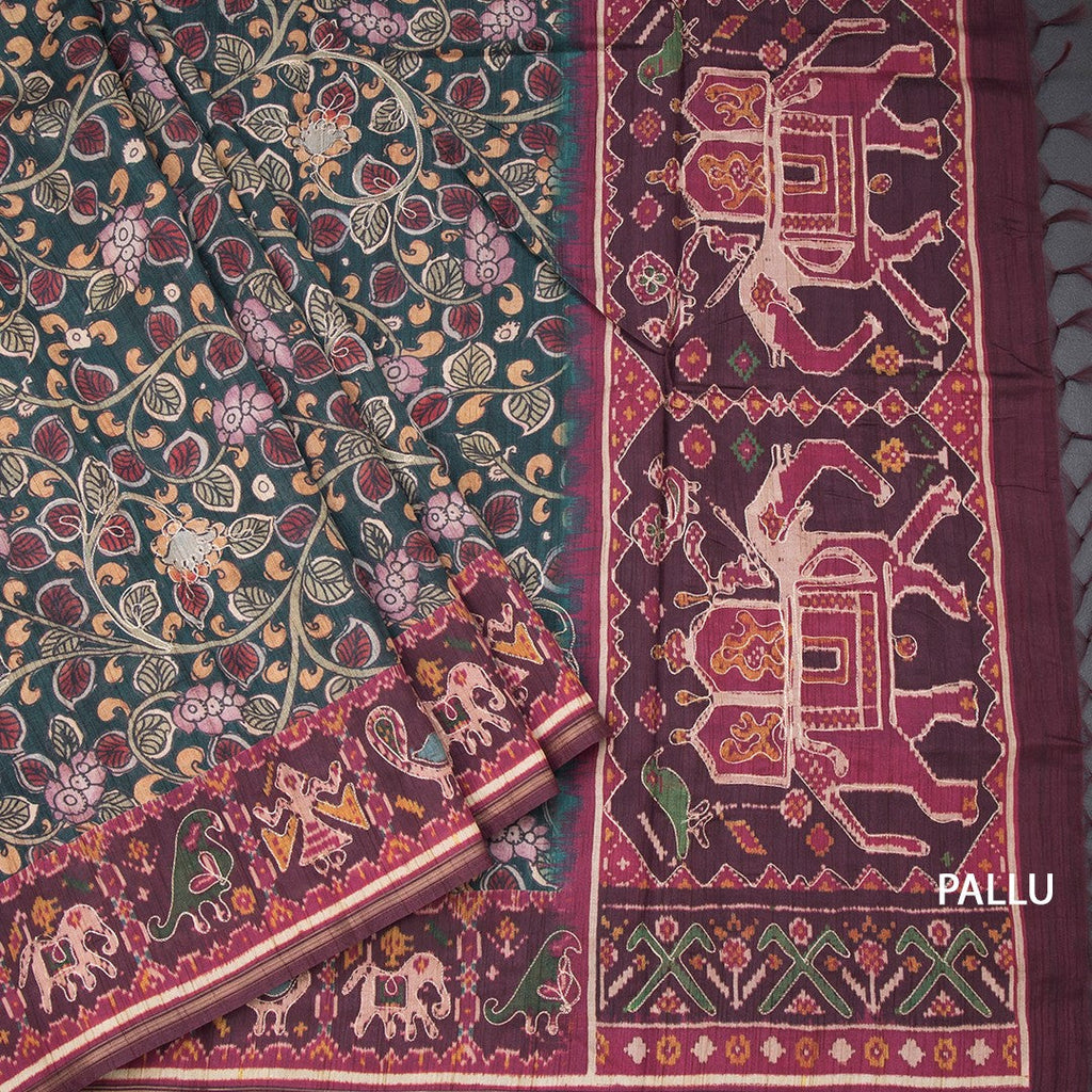 Raw Silk Dark Green Kalamkari Printed Saree