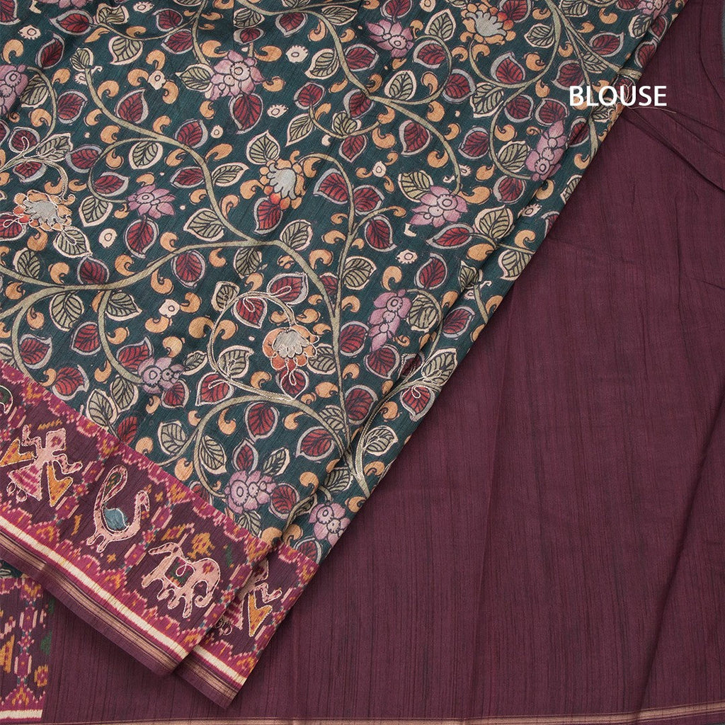 Raw Silk Dark Green Kalamkari Printed Saree