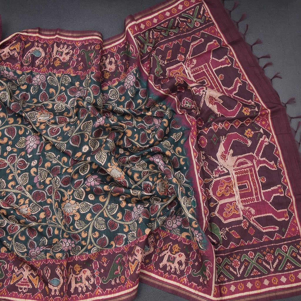 Raw Silk Dark Green Kalamkari Printed Saree