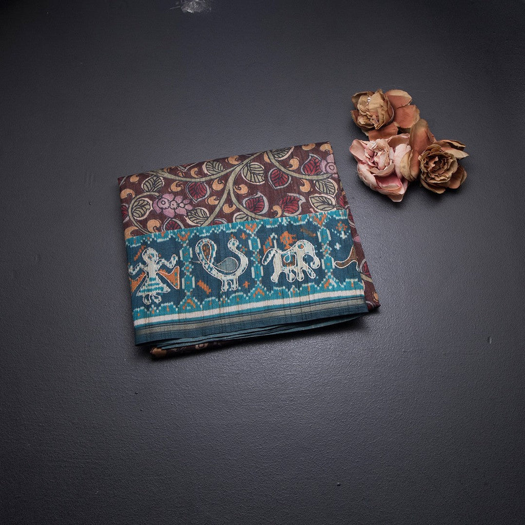 Raw Silk Dark Brown Kalamkari Printed Saree