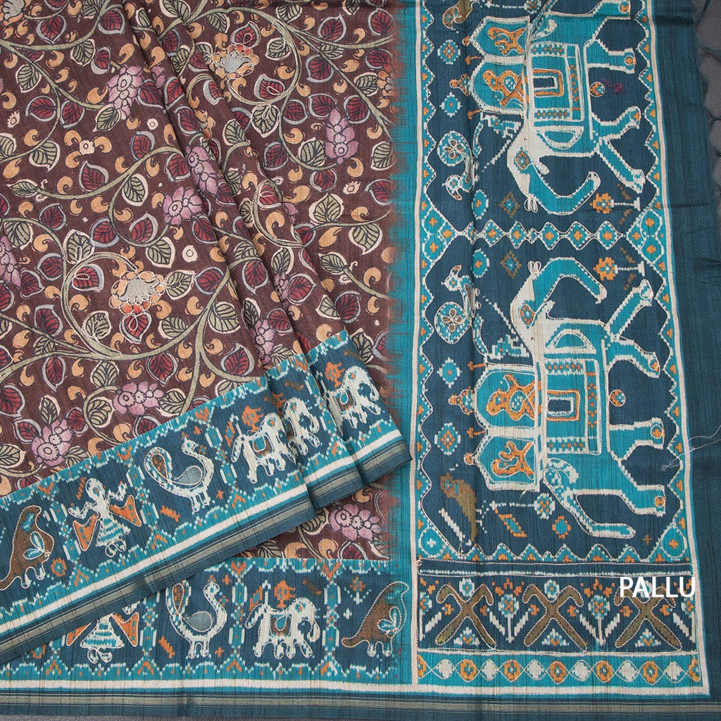 Raw Silk Dark Brown Kalamkari Printed Saree
