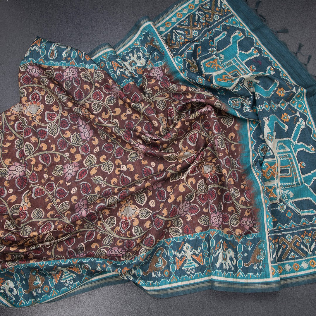 Raw Silk Dark Brown Kalamkari Printed Saree