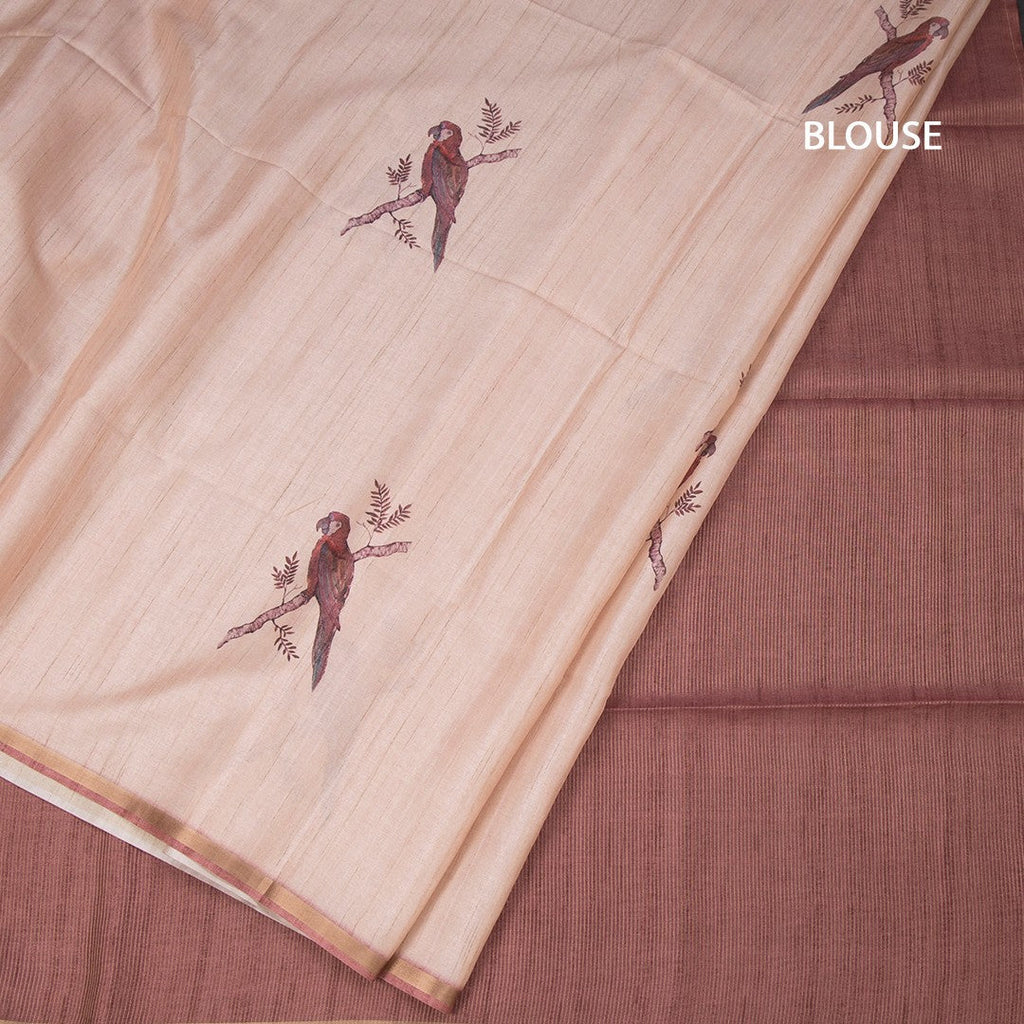Raw Silk Light Peach Parrot Printed Saree And Ribbon Border