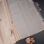 Raw Silk Cream Parrot Printed Saree And Ribbon Border