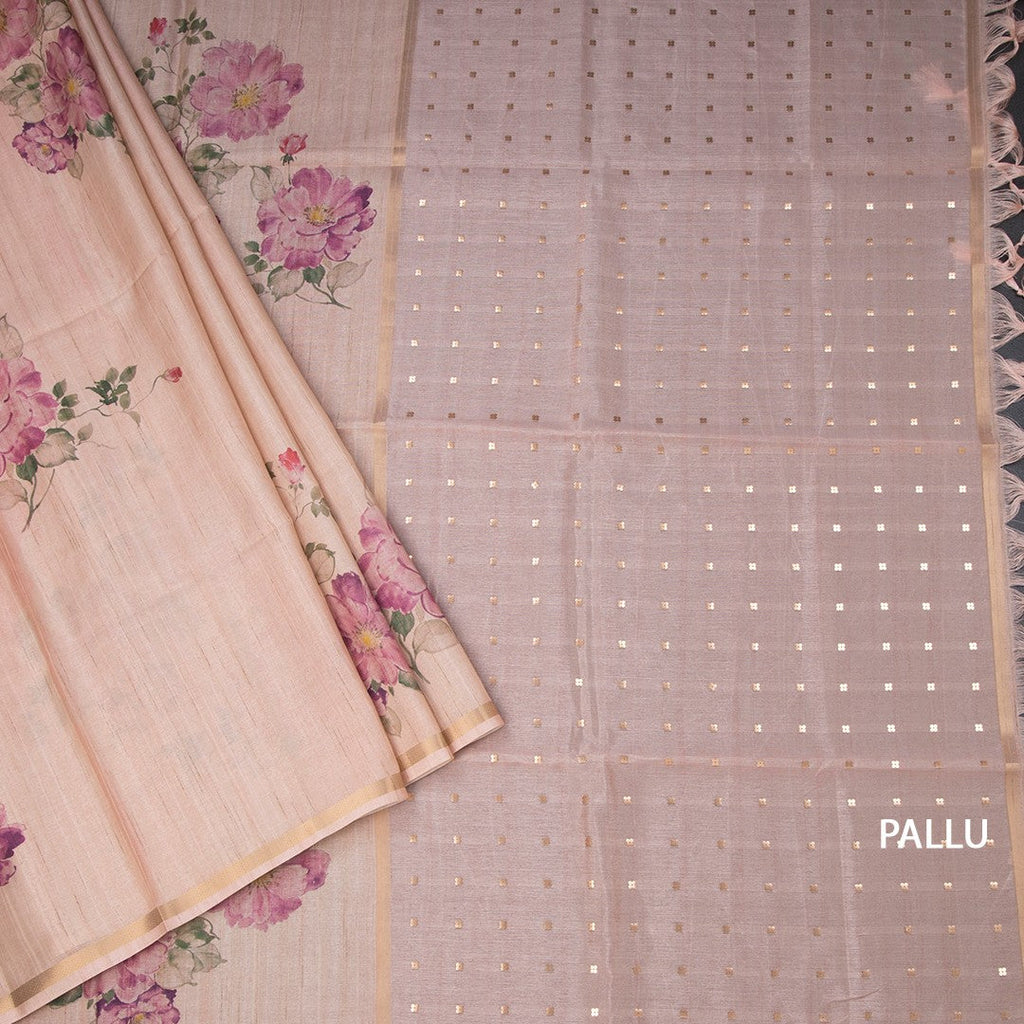 Raw Silk Light Peach Floral Printed And Ribbon Border