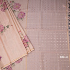 Raw Silk Light Peach Floral Printed And Ribbon Border