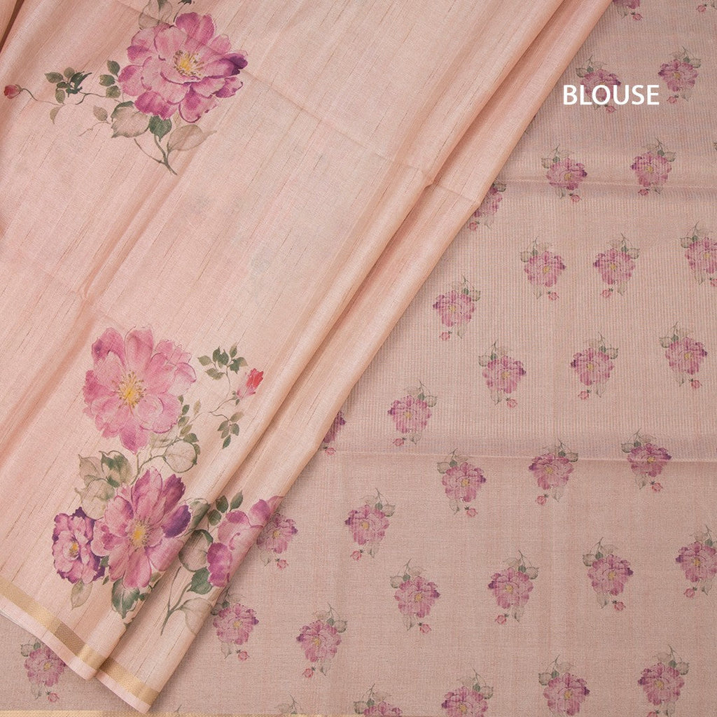 Raw Silk Light Peach Floral Printed And Ribbon Border