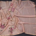 Raw Silk Light Peach Floral Printed And Ribbon Border