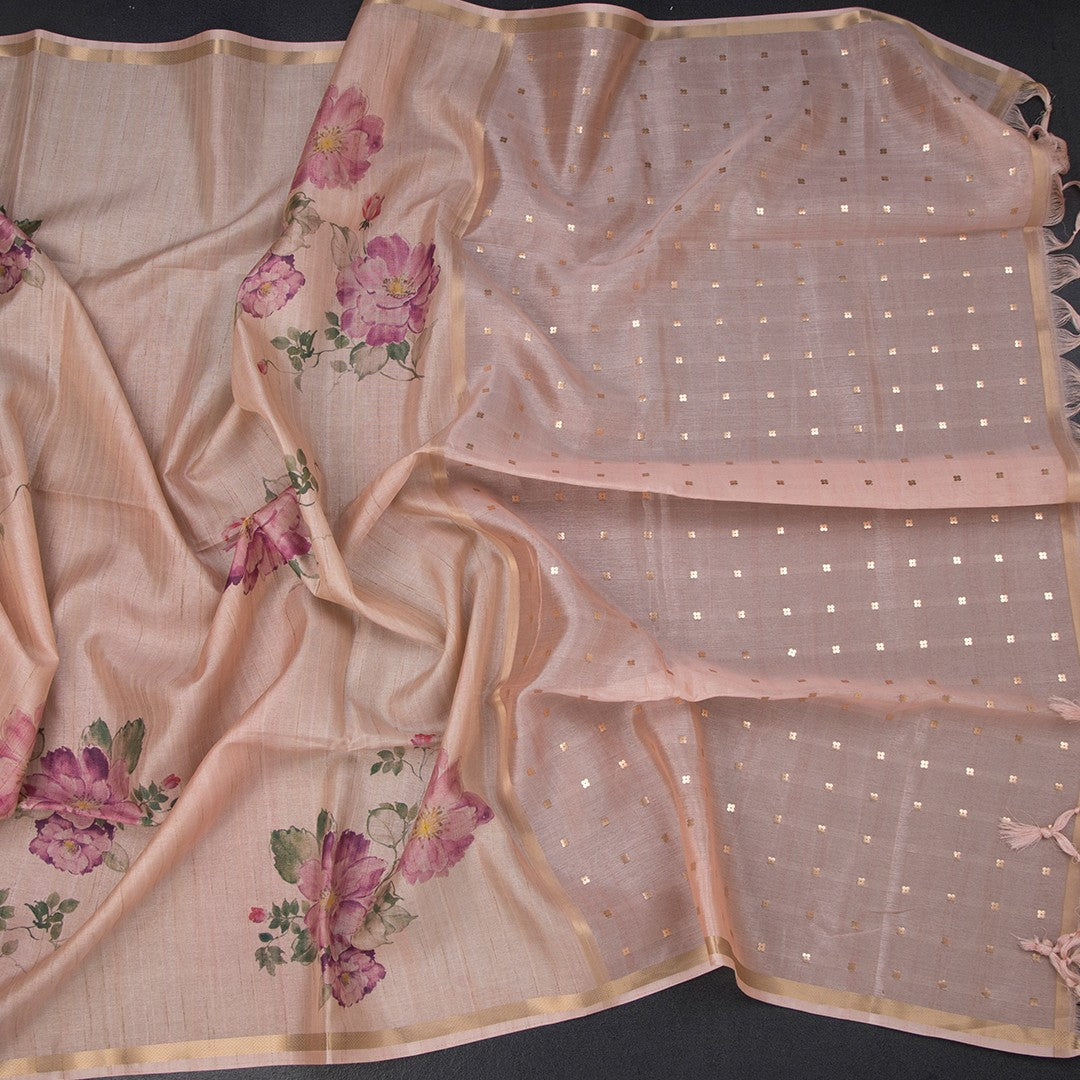 Raw Silk Light Peach Floral Printed And Ribbon Border