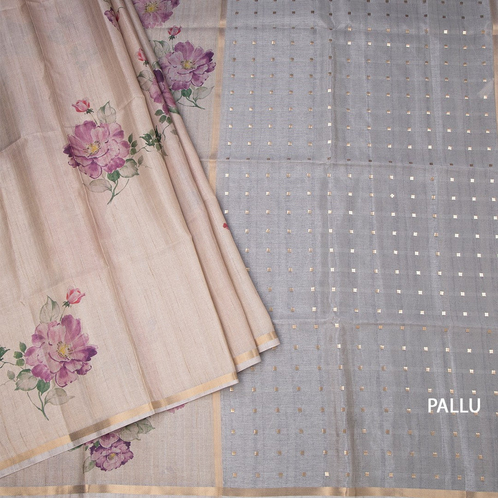 Raw Silk Cream Floral Printed And Ribbon Border