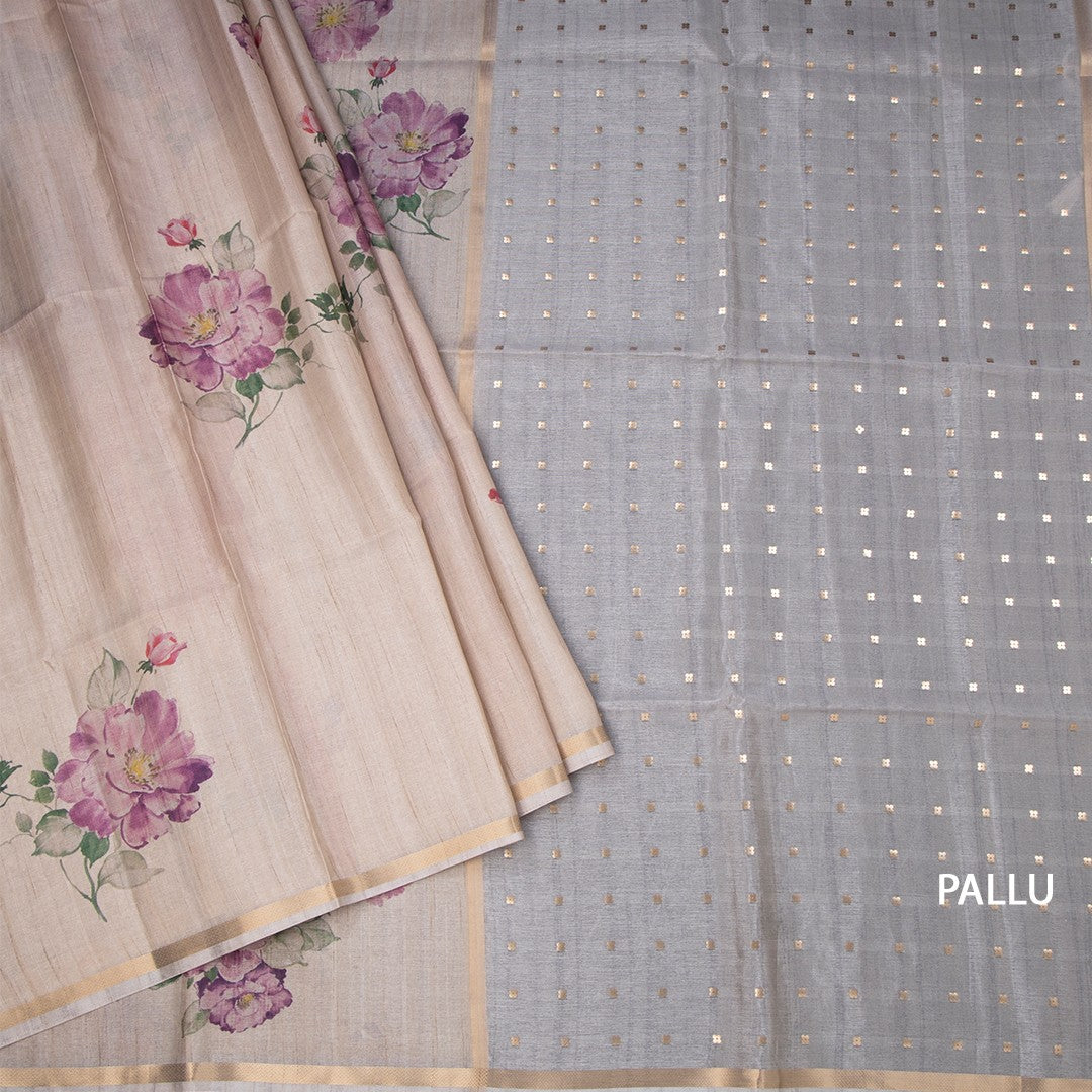 Raw Silk Cream Floral Printed And Ribbon Border