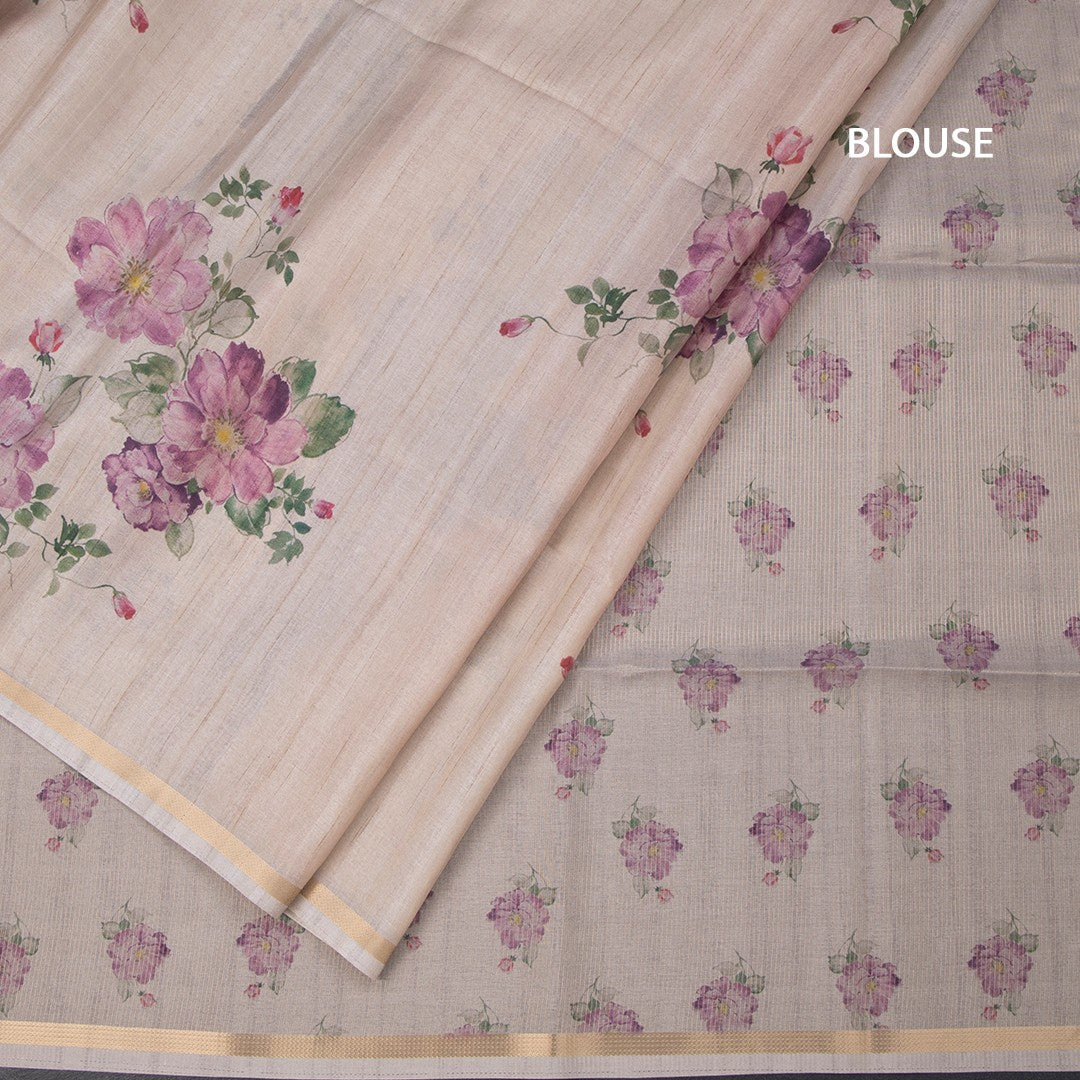 Raw Silk Cream Floral Printed And Ribbon Border