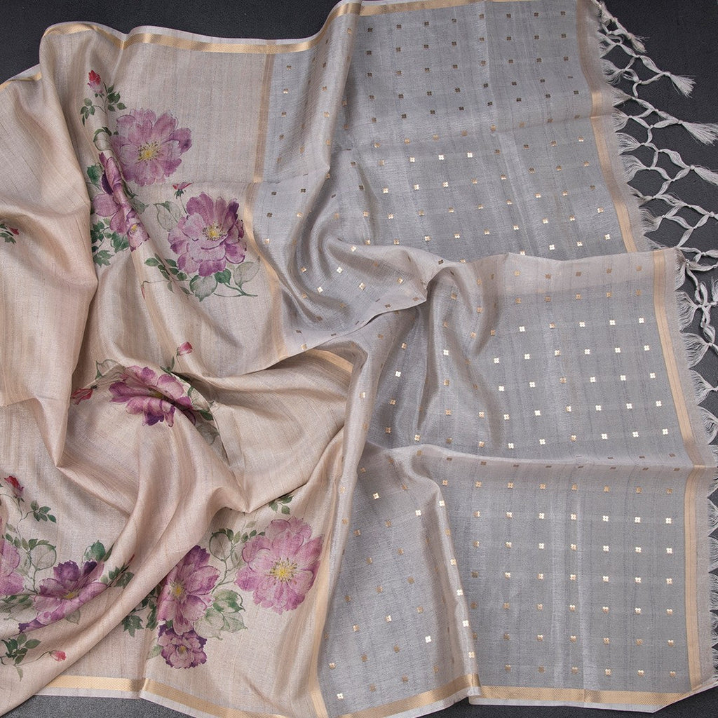 Raw Silk Cream Floral Printed And Ribbon Border
