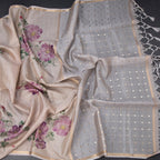 Raw Silk Cream Floral Printed And Ribbon Border