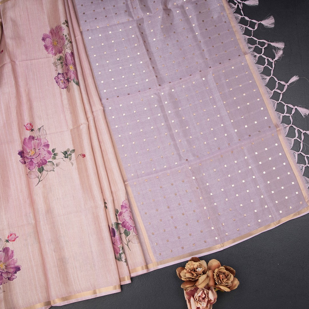 Raw Silk Onion Pink Floral Printed And Ribbon Border