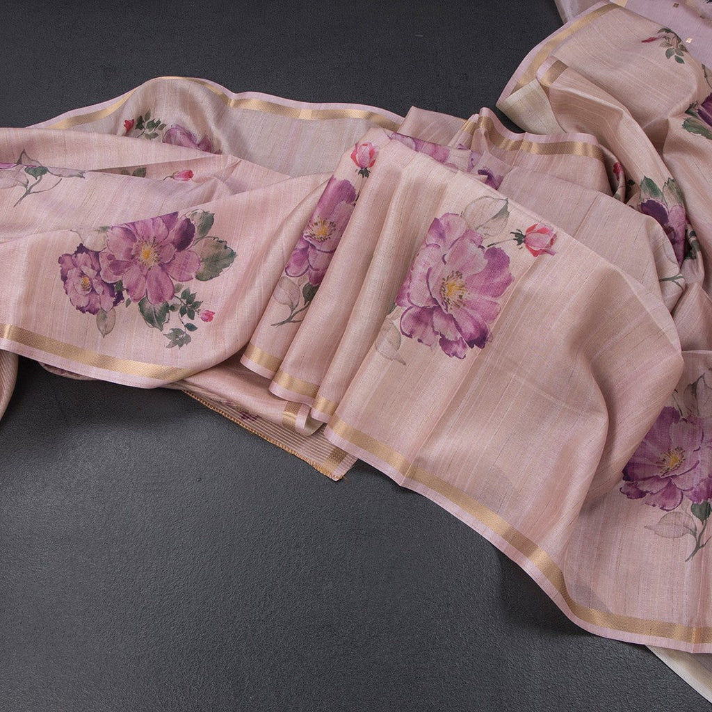 Raw Silk Onion Pink Floral Printed And Ribbon Border