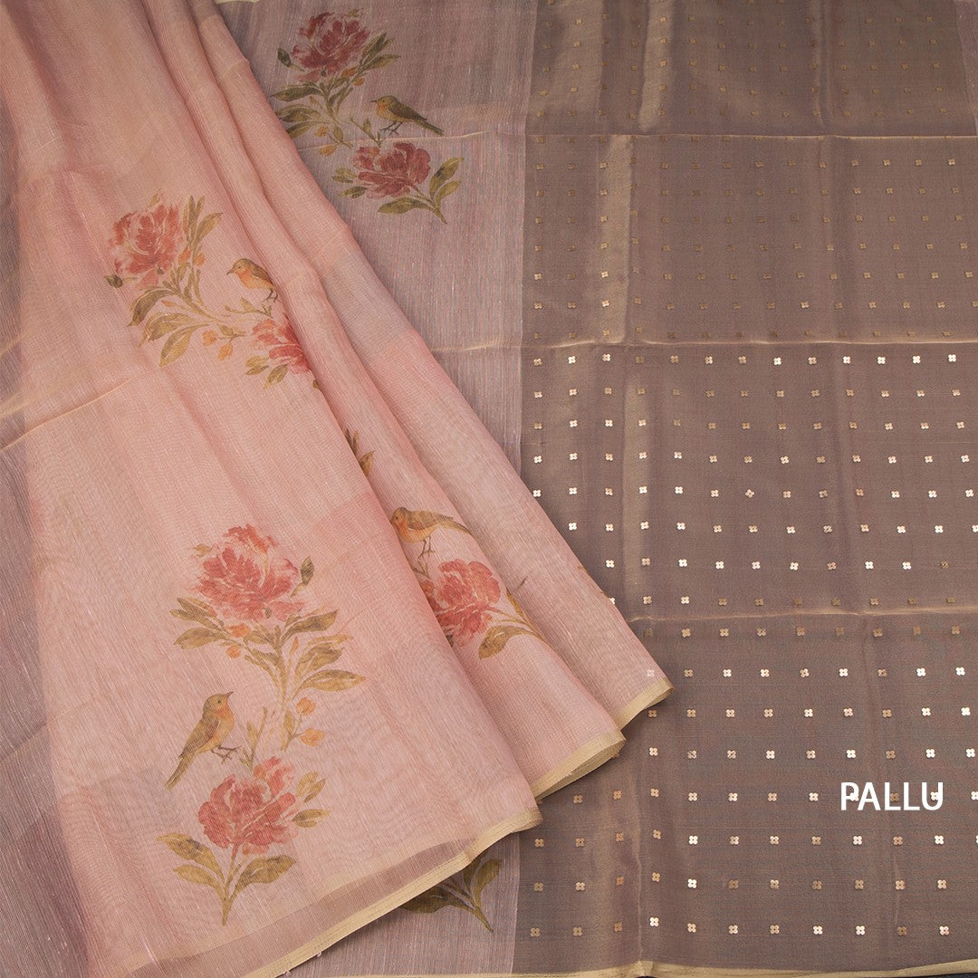 Raw Silk Peach Floral Printed Saree