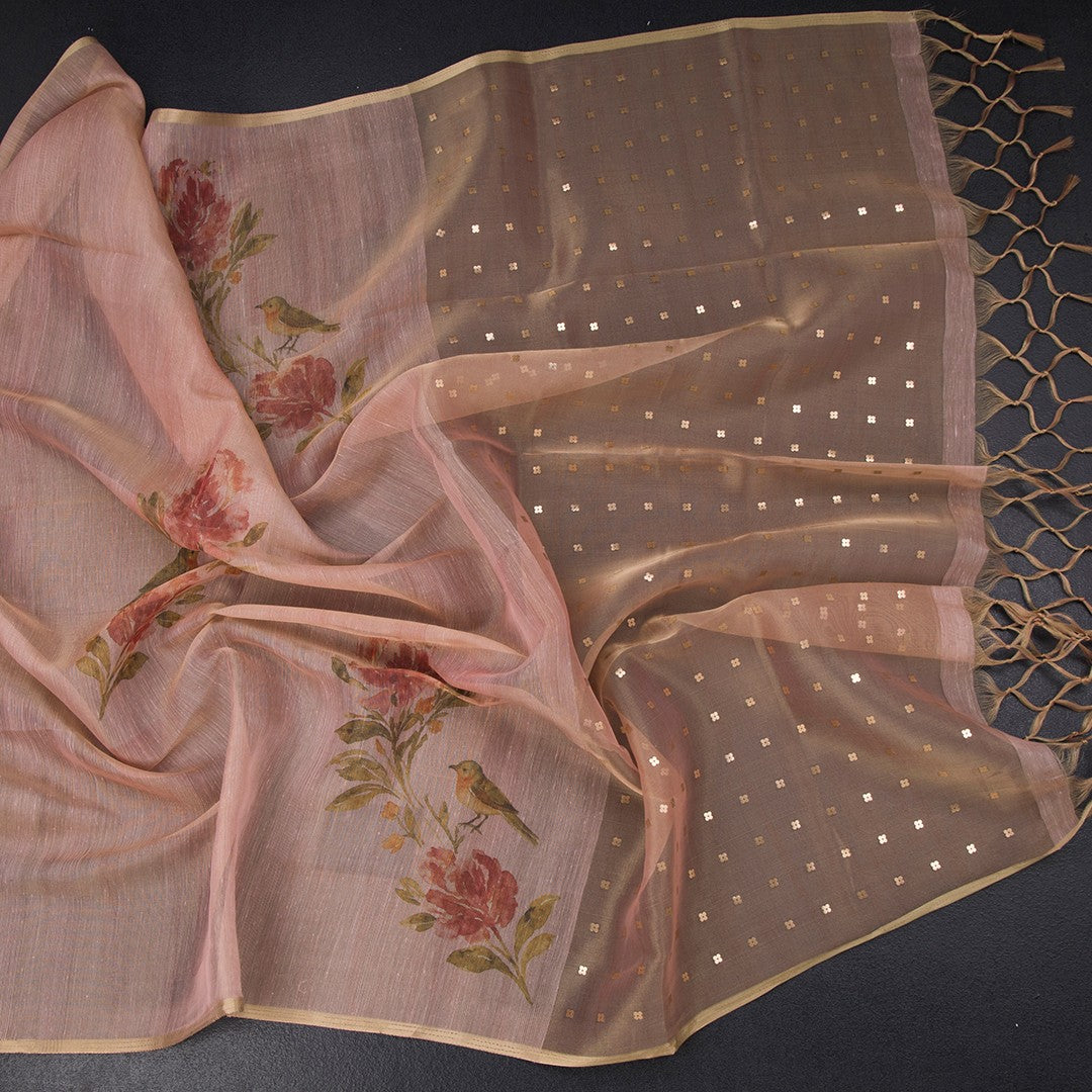 Raw Silk Peach Floral Printed Saree