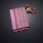 Linen Light Pink Stripes Saree And Multi Colour Border
