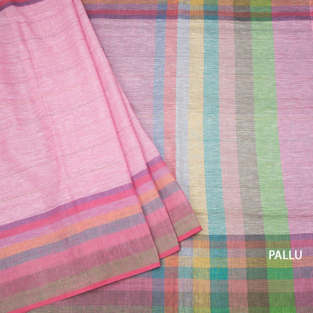 Linen Light Pink Stripes Saree And Multi Colour Border