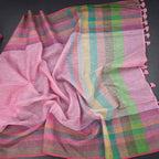 Linen Light Pink Stripes Saree And Multi Colour Border