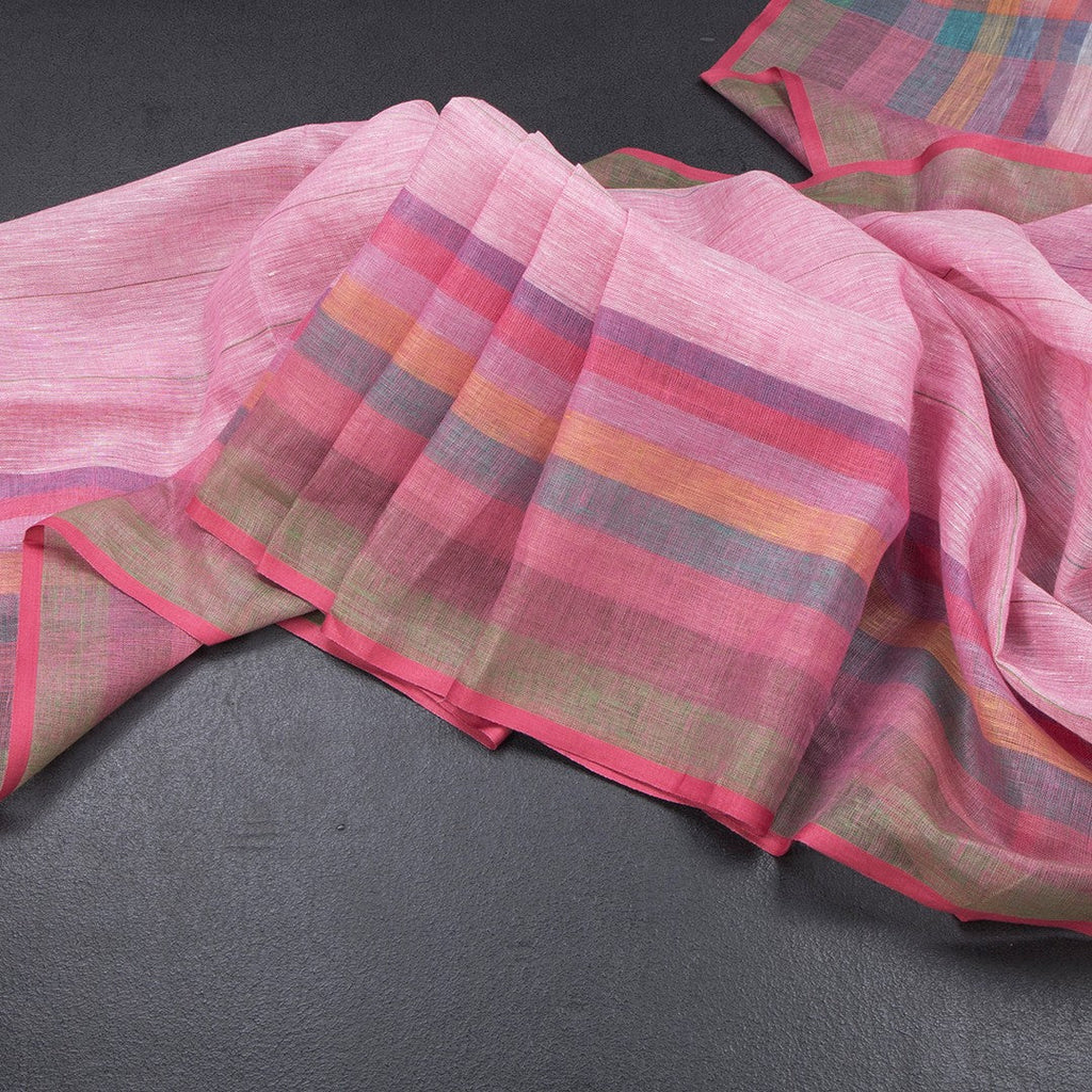 Linen Light Pink Stripes Saree And Multi Colour Border