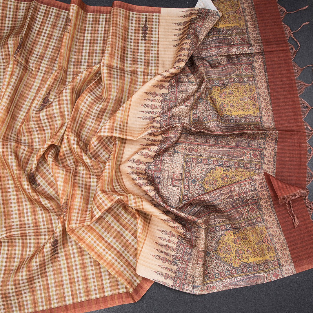 Raw Silk Multi Colour Checked Saree And Ribbon Border