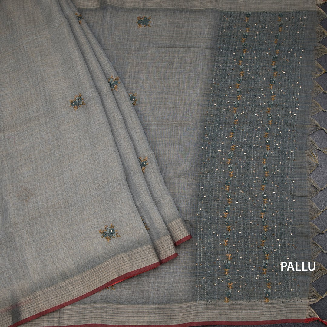 Linen Shot Colour Thread Work Saree And Zari Border