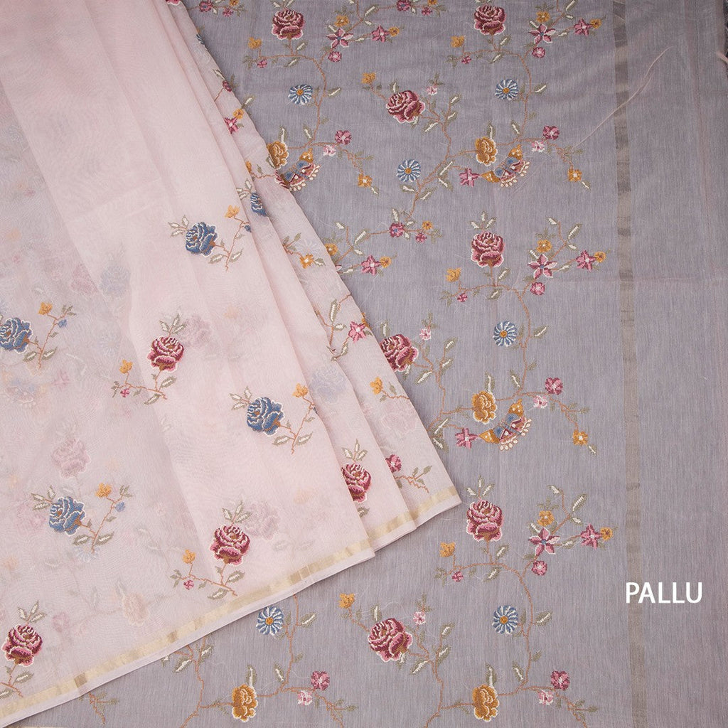 Linen Baby Pink Floral Thread Work Saree