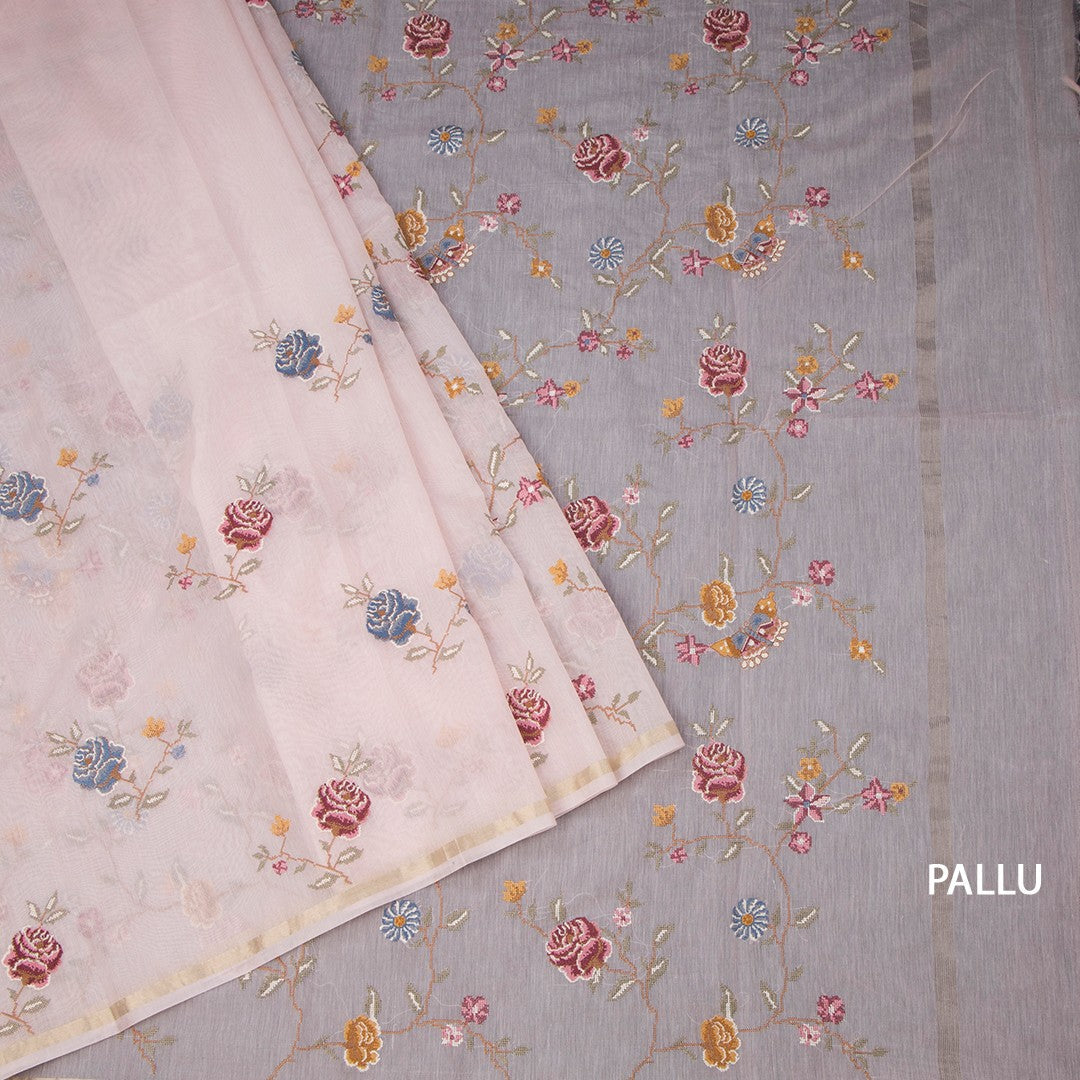 Linen Baby Pink Floral Thread Work Saree