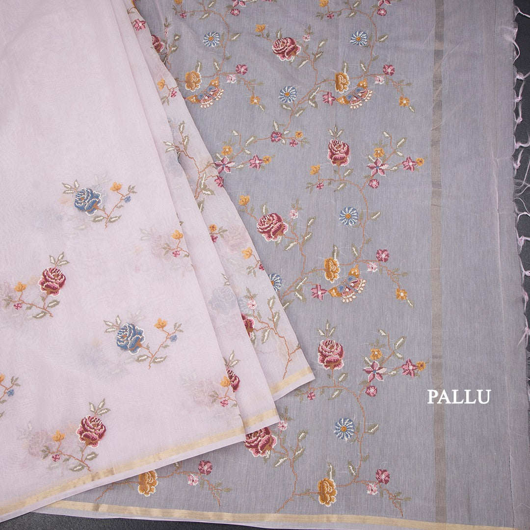 Linen Lavender Floral Thread Work Saree
